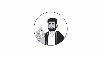 Poster - Bearded black guy drinking straw black and white 2D avatar animation. Holding coffee male with beard outline cartoon 4K video, alpha channel. Smoothie man african american animated portrait isolated
