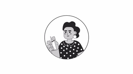 Poster - Afro curly hair stylish woman sipping straw black and white 2D avatar animation. Coffee enjoying girl outline cartoon 4K video, alpha channel. Black lady drinking milkshake animated portrait isolated