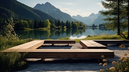 Sticker -  a wooden bench sitting in front of a lake with mountains in the background.  generative ai