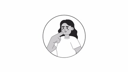 Poster - Wavy hair african american female stroking chin black and white 2D avatar animation. Black girl thinking hard outline cartoon 4K video, alpha channel. Choice making gesture animated portrait isolated