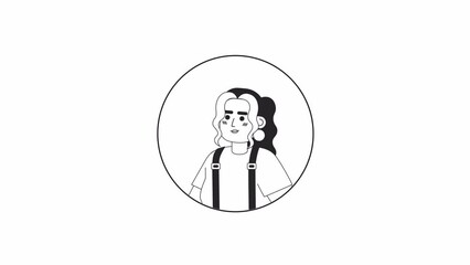 Poster - Curly hair latina girl relaxed smiling black and white 2D avatar animation. Posing latin american young adult woman outline cartoon 4K video, alpha channel. Casual headshot animated portrait isolated