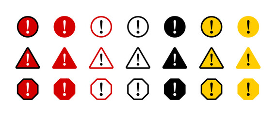 Poster - red and white round circle octagonal and triangular warning or attention caution sign with exclamati