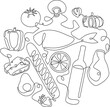 Food. Vector illustration with fresh Vegetables, Fruits, Fish, Bread, Cheese and Meat. Continuous line drawing style in circle.