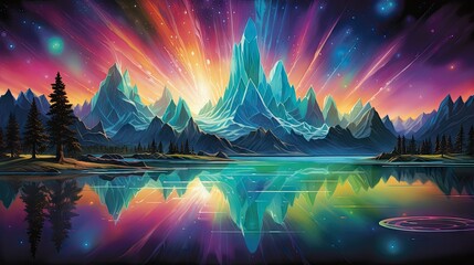 Wall Mural -  a painting of a mountain lake with a reflection of the sky.  generative ai