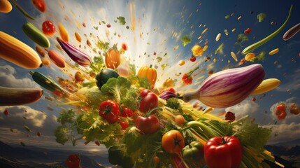 Canvas Print -  a bunch of vegetables flying through the air with a sky background.  generative ai