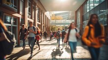 Blurred Shot Of High School Students Walking Up The Strs Between Classes In A Busy School