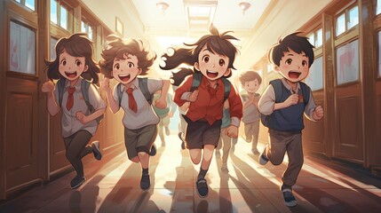 Wall Mural - School kids running in elementary school hallway