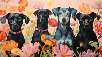 Wall Mural -  a painting of three black dogs in a field of flowers.  generative ai