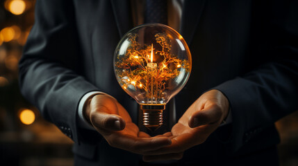 Wall Mural - hand of businessman holding light bulb in dark office. innovation and inspiration concept