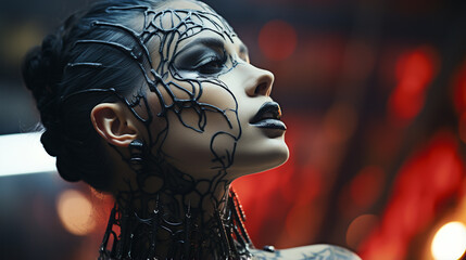 Wall Mural - woman with black hair in black bodyart posing with silver chains in studio