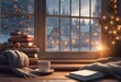 Cozy Christmas background. A knitted scarf on the windowsill, books and hot tea. Candles and lights. Generative AI