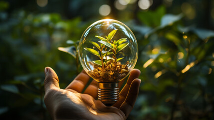 Poster - hand holding light bulb with energy and eco nature