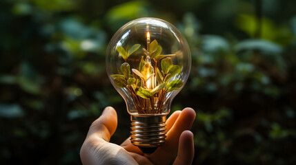 Poster - hand holding light bulb with energy and eco nature