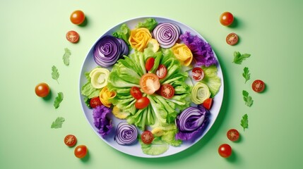 Wall Mural -  a plate of colorful vegetables on a green background with tomatoes and lettuce.  generative ai