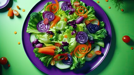 Sticker -  a purple plate topped with a salad on top of a green table.  generative ai