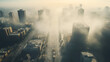An aerial view of a city intersection with smog hovering low obscuring the view.