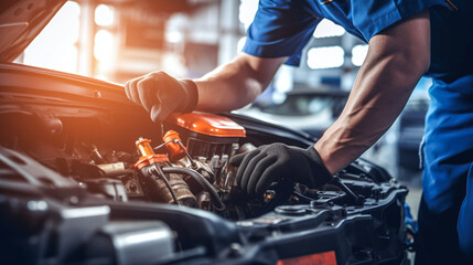 mechanic changing the engine of a car