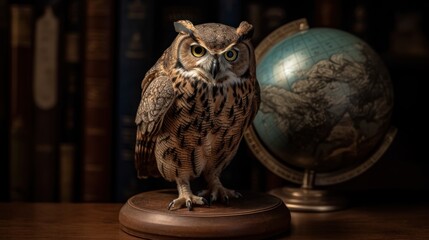 Wall Mural - Owl sitting on a wooden table with a globe in the background. Education Concept. Background with a copy space.