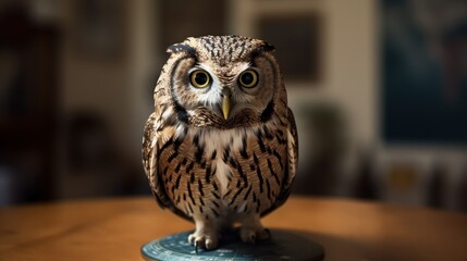 Wall Mural - Owl sitting on a pedestal in a room with a blurred background. Education Concept. Background with a copy space.