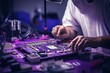 © nordroden - A close-up of a man's hands typing on a computer motherboard in a dimly lit room