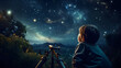 A child gazing through a telescope pointed at a starry night sky.