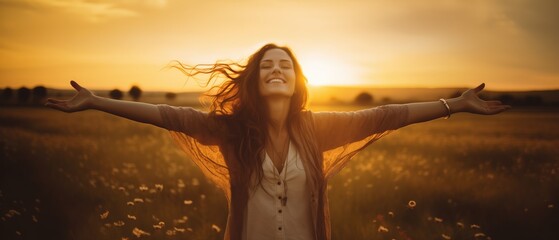 Fototapete - Backlit Portrait of calm happy smiling free woman with open arms and closed eyes enjoys a beautiful moment life on the fields at sunset