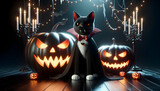 Halloween, ciemne tło, ilustracja 3D, noc, dynia z kotem i świece, noc, straszna grafika