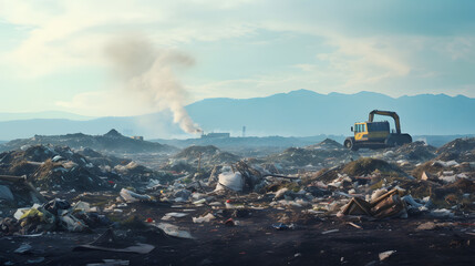 A landfill site stretching out for miles with machinery moving heaps of trash.