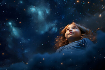 A little girl dreaming illustrated by her floating in space among stars and nebulae.