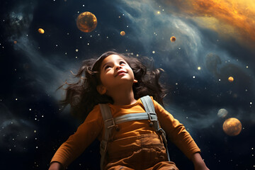 A little girl dreaming illustrated by her floating in space among stars and nebulae.