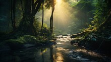 Amazon Rainforest With Tropical Vegetation, A Creek Runs Through A Mysterious Jungle, A Mountain Stream In A Lush Green Valley