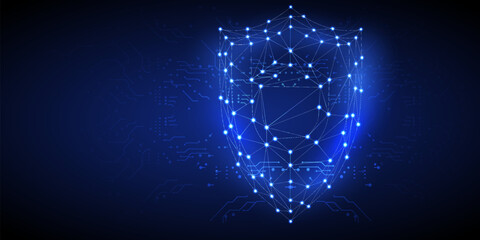 Poster - Shield 3d low poly symbol with connected dots for blue landing page. Guard shield. Cyber security concept with glowing low poly shield on dark blue background.