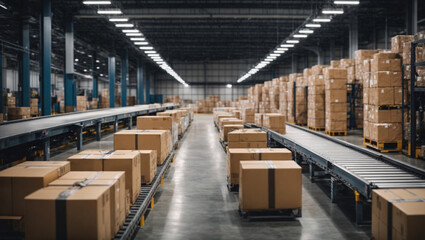 Wall Mural - Huge conveyor belts in action in a transport company warehouse, carrying and packing goods into cardboard boxes, which are then sorted and sent to the appropriate departments