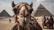 Camel in front of pyramids. Travel Concept. Background with a copy space.