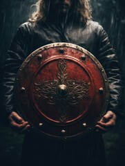 knight holding a metal shield in his hands. 