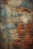 Fototapeta  - The background showcases a weathered and rugged brick wall with a distressed look