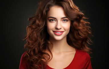 Wall Mural - Beautiful smiling woman with long curly wavy hair
