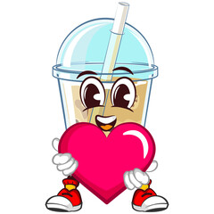 Wall Mural - character mascot of a glass of boba ice with a cute face carrying a pink heart, isolated cartoon vector illustration. emoticon, cute glass of iced boba mascot