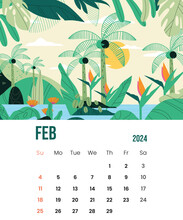 February Month Calendar Template For 2024 Year. Wall Calendar In A Minimalist Style.