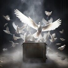 Several Doves Flying Out Of A Magic Box. 