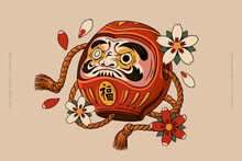 Traditional Japanese Red Daruma Doll With The Inscription "fortune". Vector Illustration On A Light Background.