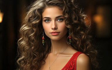 Wall Mural - Beautiful smiling woman with long curly wavy hair