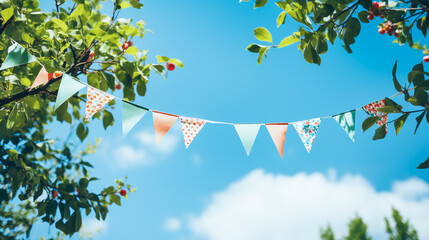 string of colorful pennant against blue sky in the garden as a summer party decoration