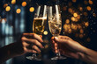 Hands of young couple holding champagne glasses on festive gold glowing bokeh background. Celebration background with sparkling wine.