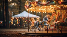 : Whimsical Carousel Event With Colorful Horses, Vintage Carnival Lights, And Festive Atmosphere.