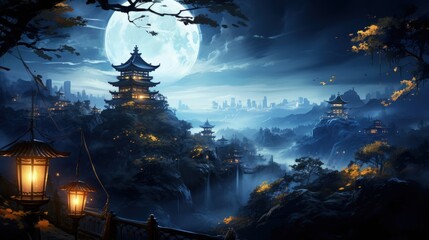 Ancient village of China, beautiful scene, scenery landscape, Chinese lanterns authentic architecture, houses, mystical evening, mystical evening, river, empty streets, peaceful atmosphere.