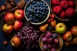 Overhead view of fall food still life featuring seasonal fruits and vegetables such as Bangalore blue grape, red apples, pumpkins, and figs on a table. Generative AI