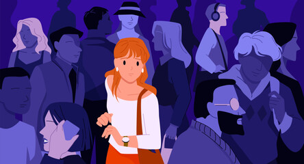 Cartoon depressed teen introvert feeling burnout, anxiety and loneliness due to social indifference, young unhappy woman with emotional problems. Sad girl lost in city crowd vector illustration