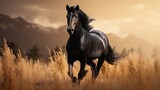 Fototapeta Konie - Beautiful black horse galloping in the field at sunset. AI generated image