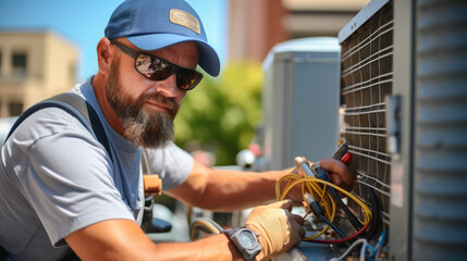 Air conditioner technician services outdoor AC unit.